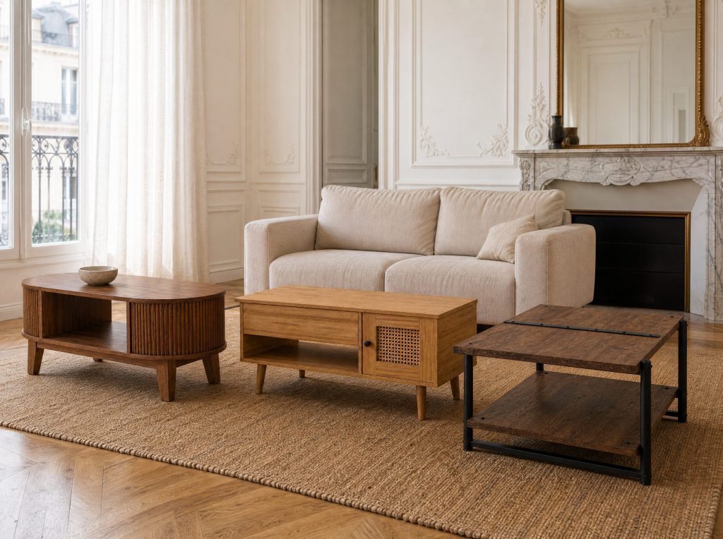Tables basses en bois Limousin, Chartreuse et Vosges dans un salon haussmannien