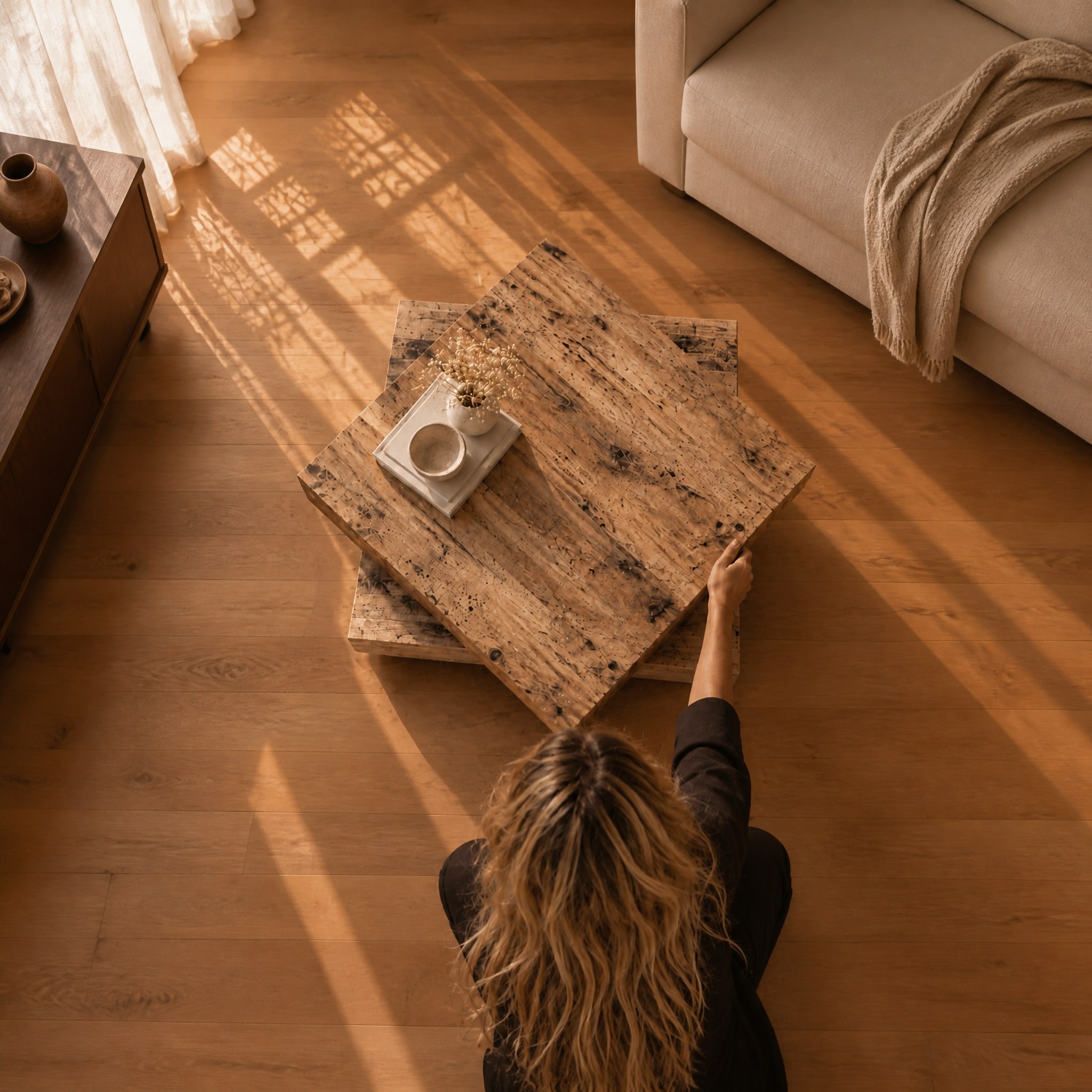 Table basse bois patiné à plateau rotatif