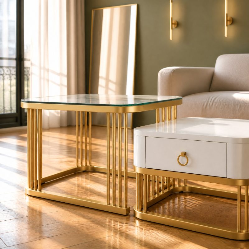 table-basse-doree-2 Plateau en verre sur barreaux dorés et caisson blanc