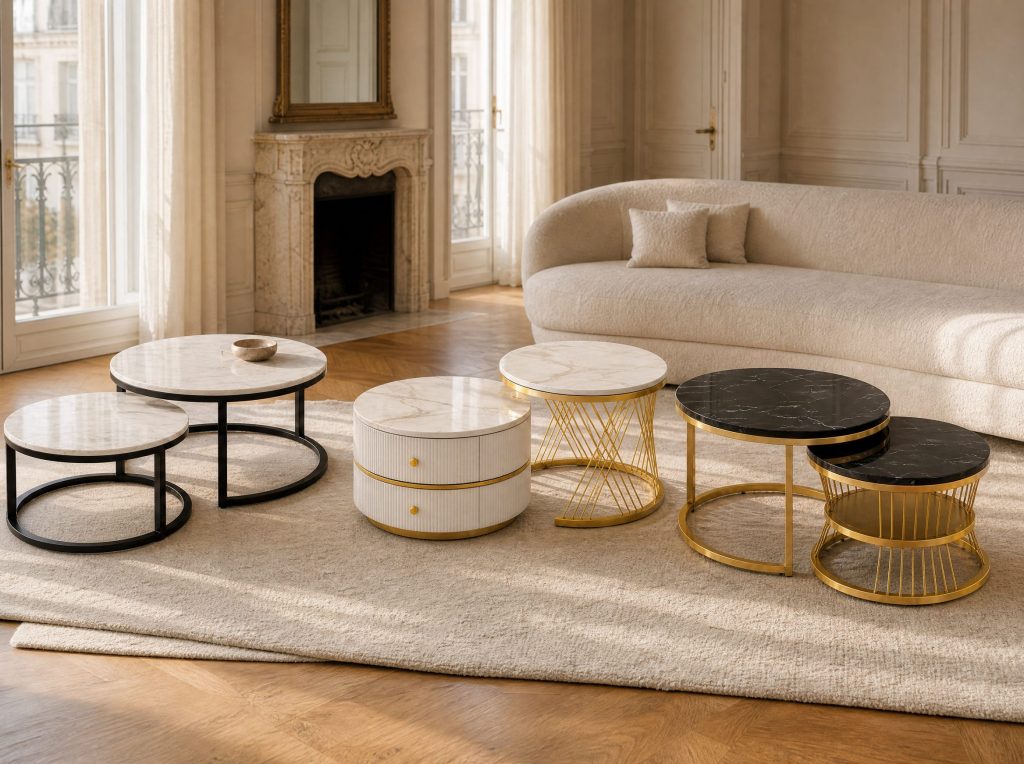 Tables basses effet marbre Carrare, Calacatta et Portoro dans un salon parisien