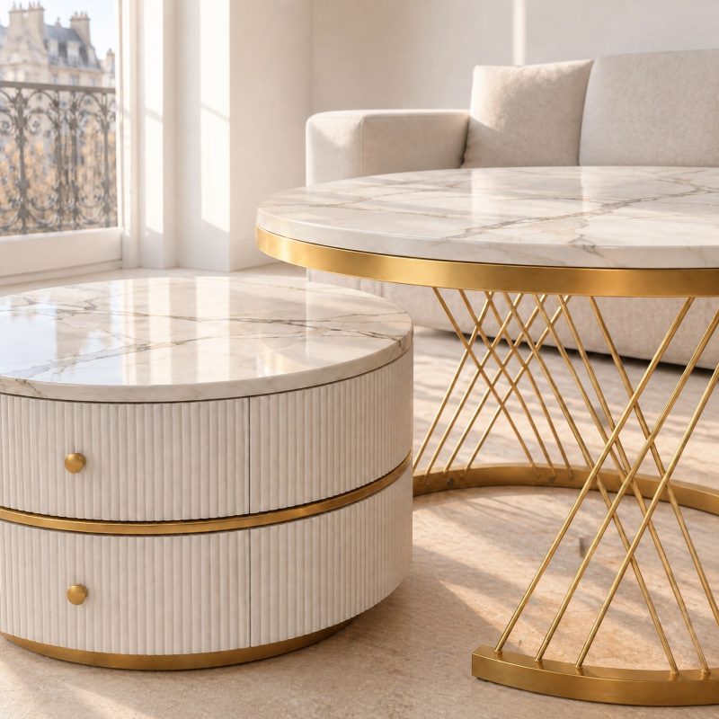 Plateau rond effet marbre blanc sur métal doré filaire