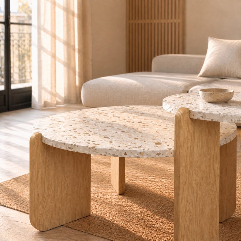table-basse-gigogne-scandinave-2 Plateau rond blanc moucheté sur pieds en bois clair