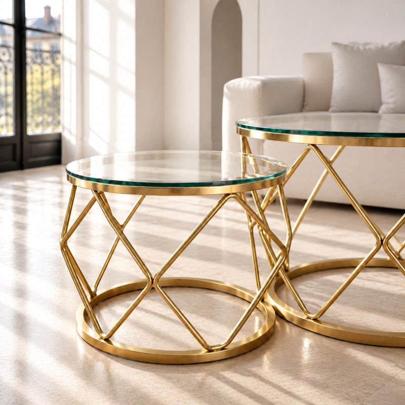 table-basse-gigogne-verre-2 Plateau rond en verre sur piètement doré en losanges