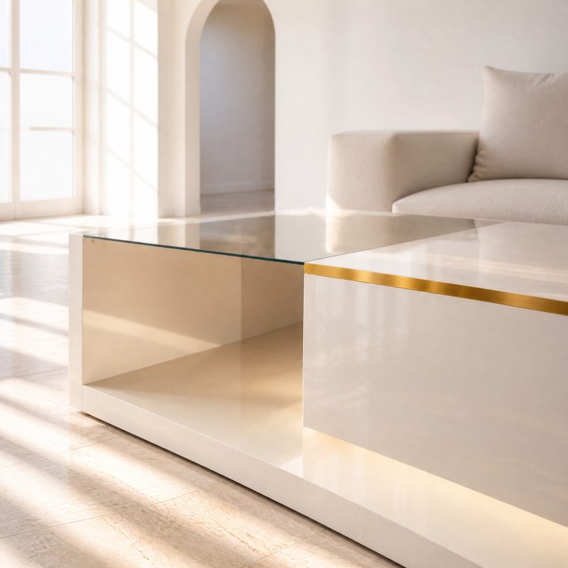 table-basse-led-2 Plateau en verre trempé blanc brillant à liseré doré
