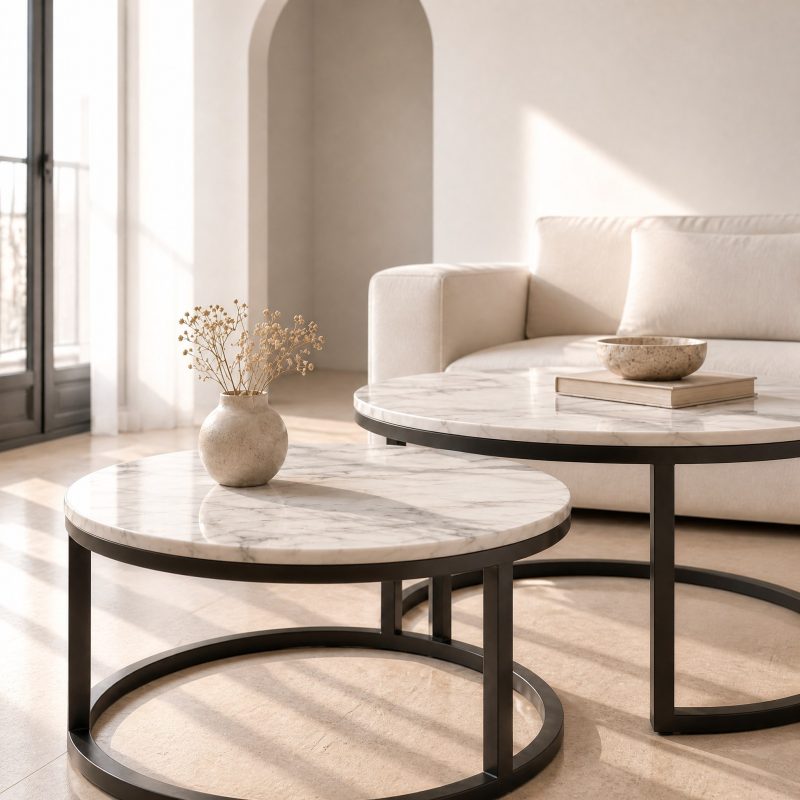 Plateau rond effet marbre blanc veiné sur métal noir