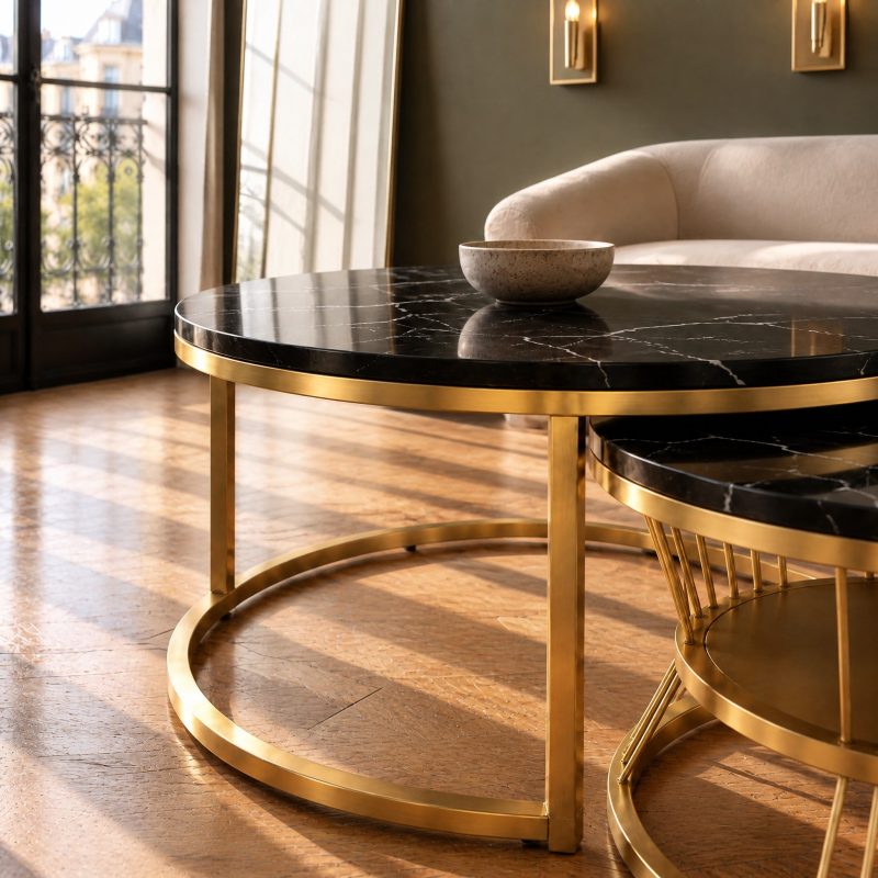 Plateau rond effet marbre noir veiné d'or