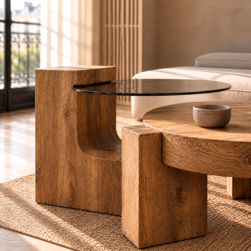 table-basse-modulable-2 Plateau rond en verre brun sur socle en chêne foncé