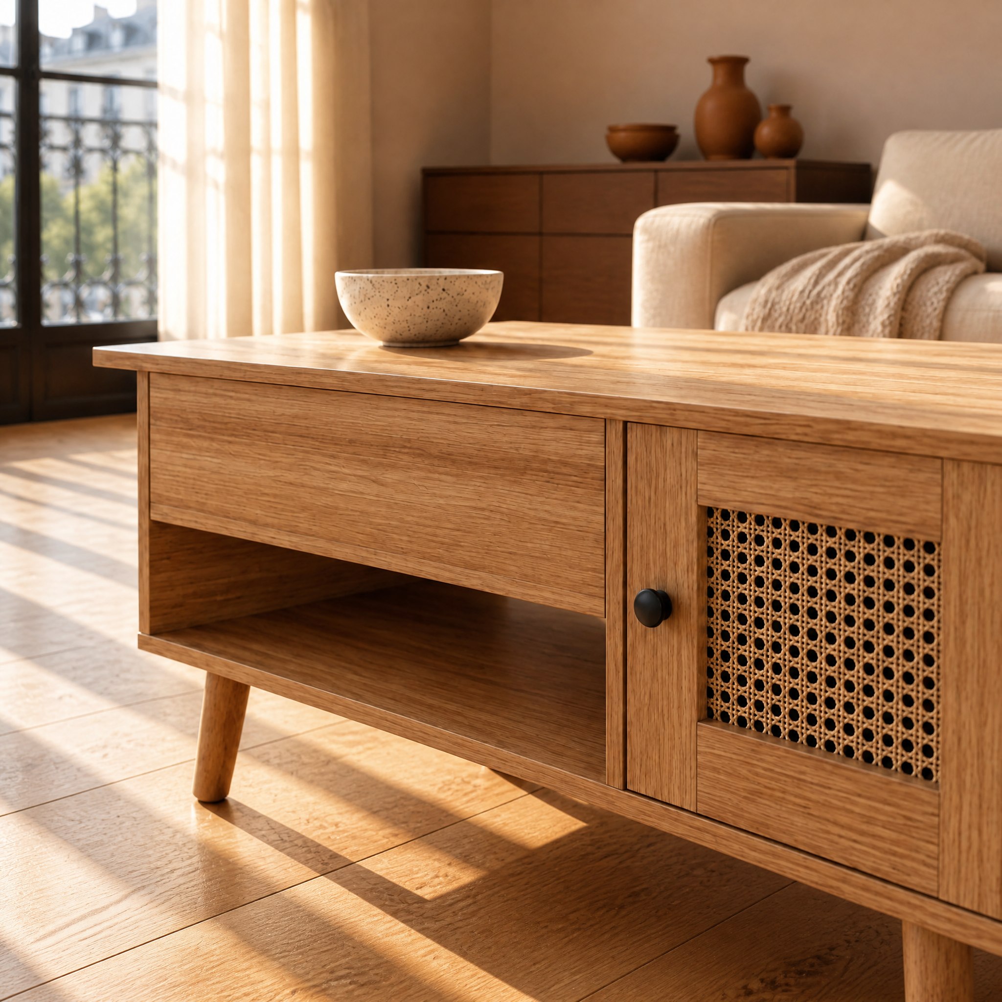 Plateau relevable en bois naturel sur pieds coniques