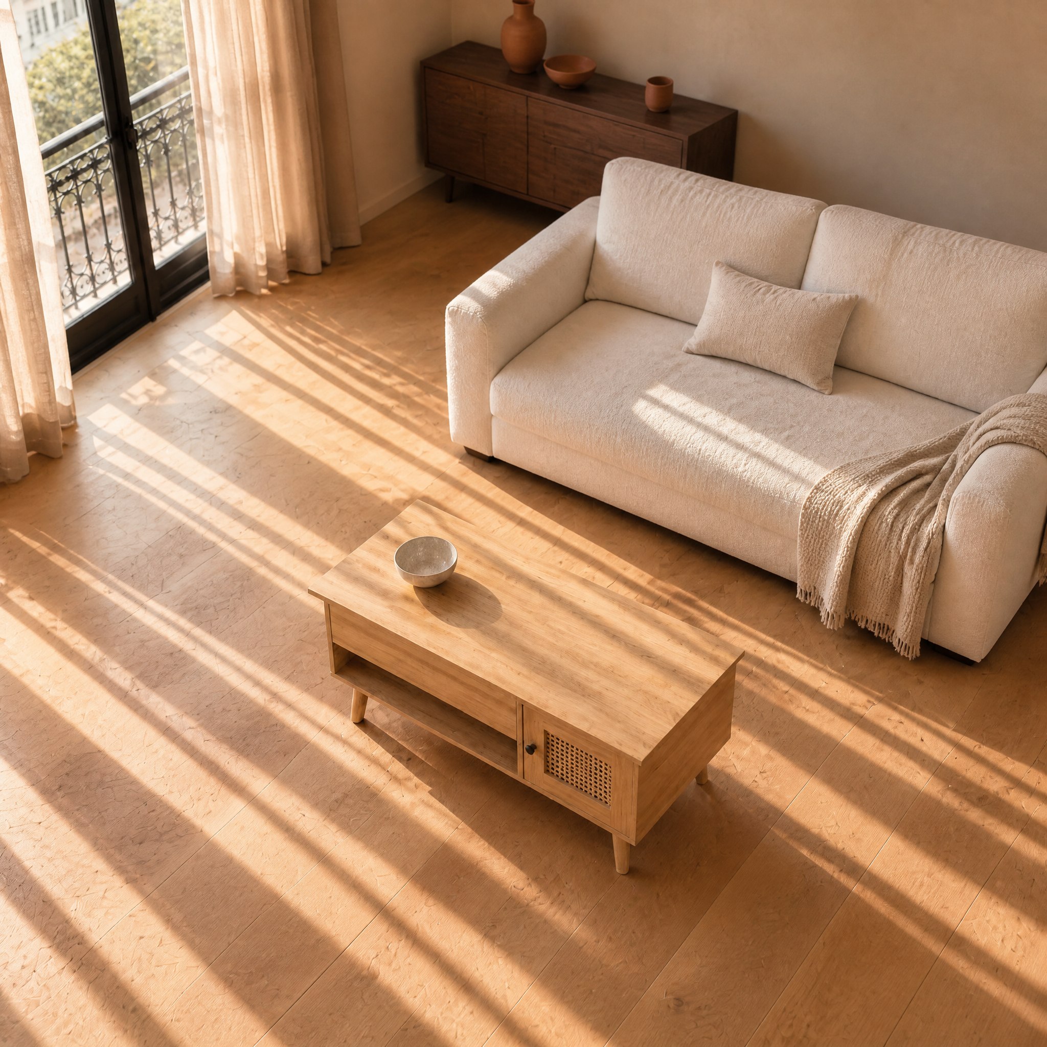 Table basse à plateau relevable et façade en rotin