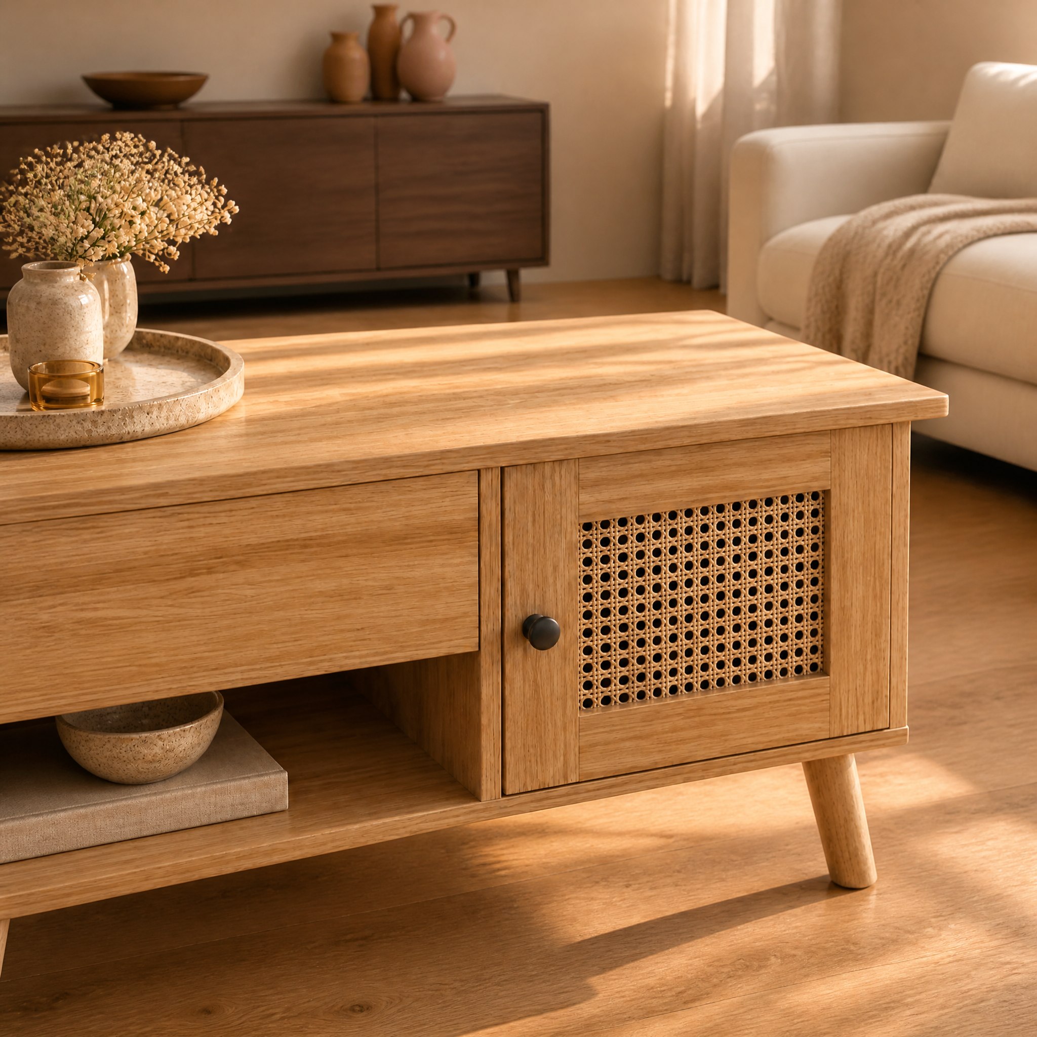 Table basse bois et rotin de 103 x 50 x 46 cm