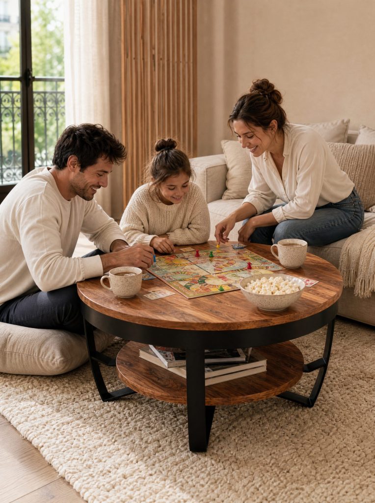Table basse ronde bois Luberon au centre d'une partie de jeu de société en famille