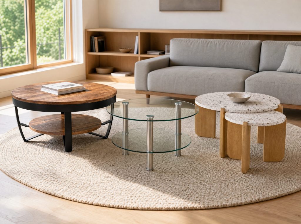 Tables basses rondes Luberon, Iris et Alizé dans un salon scandinave lumineux