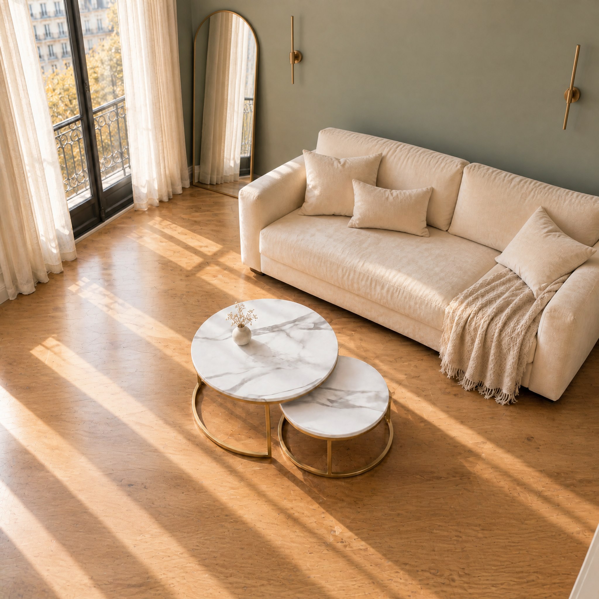 Lot de deux tables basses rondes effet marbre et doré