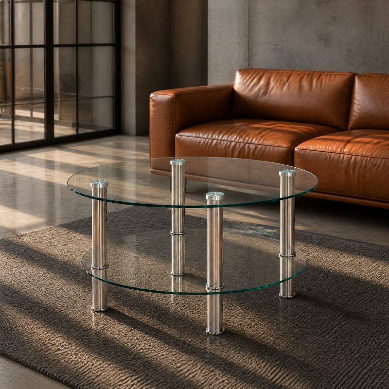 table-basse-ronde-verre-2 Plateau rond en verre sur tubes cylindriques argentés