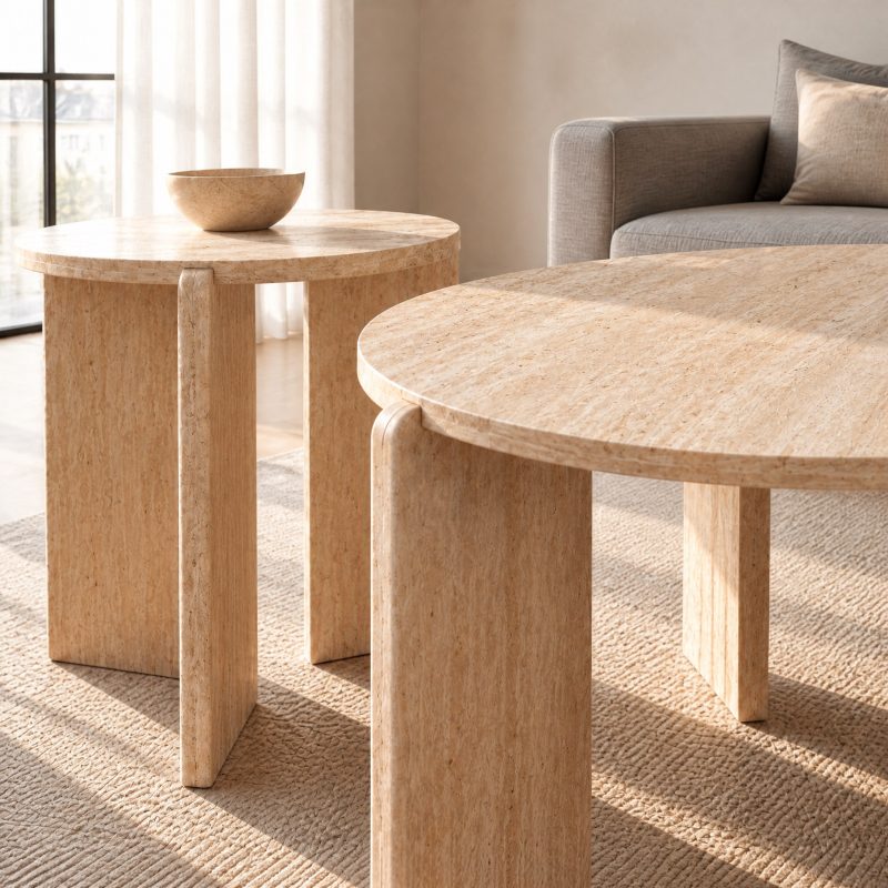 Plateau rond beige clair sur pieds pleins assortis