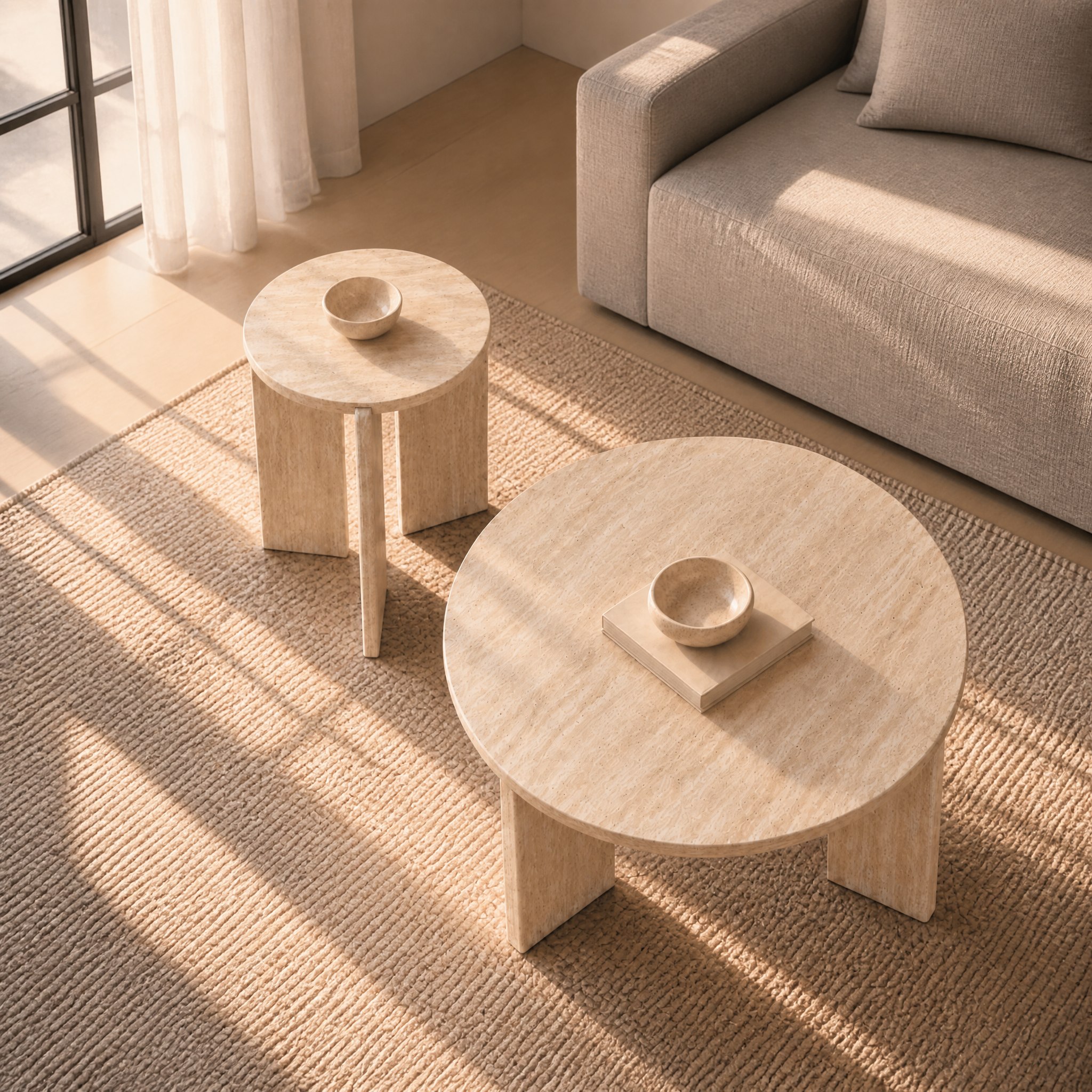 Tables gigognes rondes beige clair au design épuré