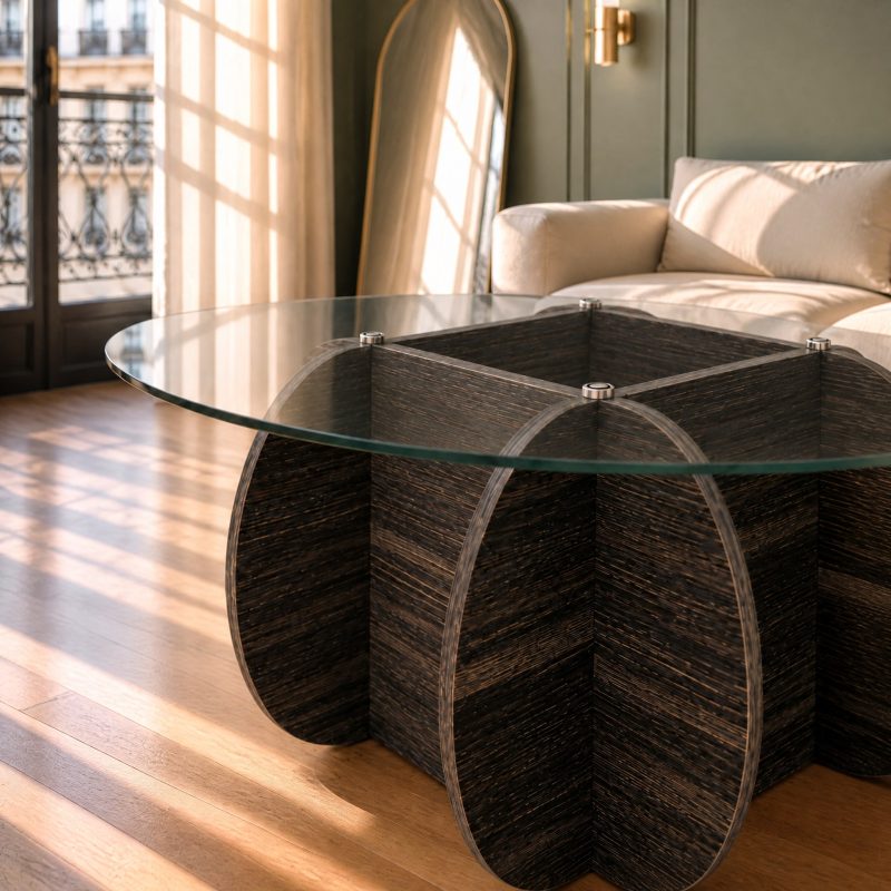 table-basse-verre-design-2 Plateau rond en verre trempé sur base sculptée noire