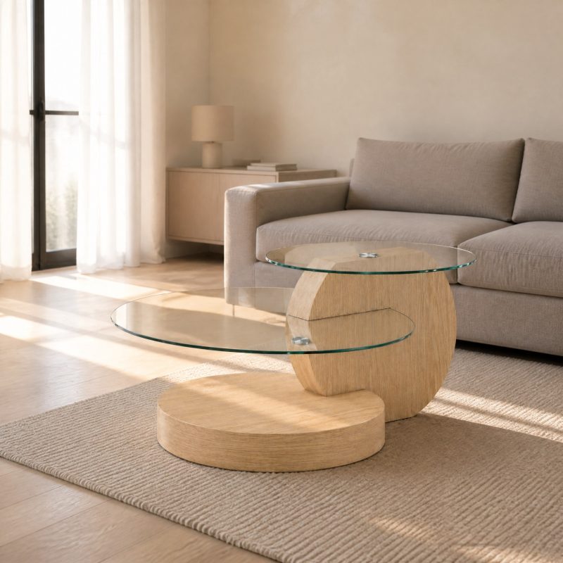 table-basse-verre-et-bois-2 Disque de verre décalé sur une colonne en bois clair
