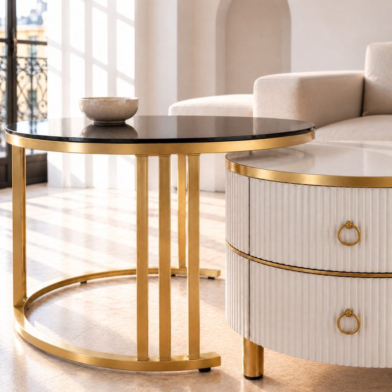 table-basse-verre-fume-2 Plateau rond en verre fumé sur cercle doré