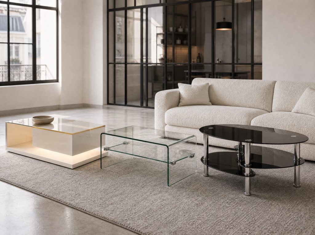 Tables basses en verre Lumen, Cristal et Onyx dans un loft parisien