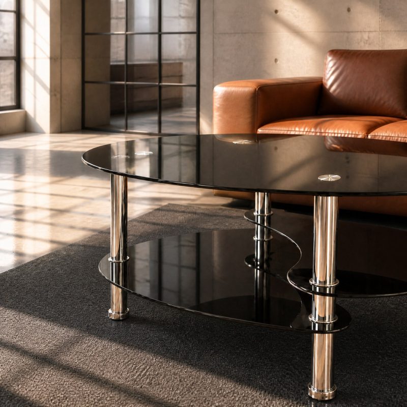 table-basse-verre-noir-2 Plateau ovale en verre noir sur tubes chromés