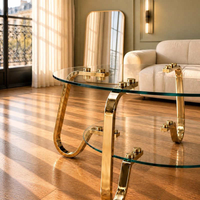 table-basse-verre-trempe-2 Plateau rond en verre trempé sur pieds dorés incurvés