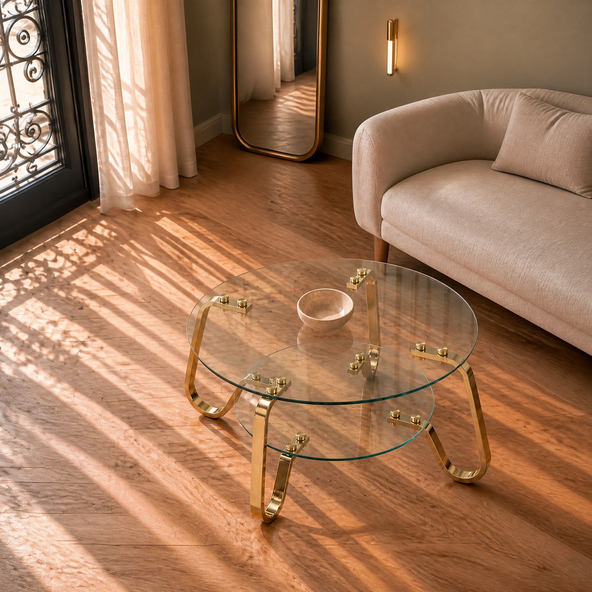 Table basse verre et laiton à deux niveaux de rangement