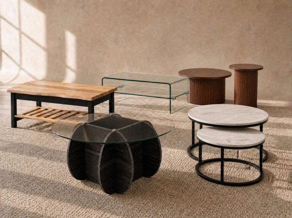 Tables basses bois, verre, gigogne et effet marbre réunies : Aubrac, Riva, Cristal, Mistral et Carrare